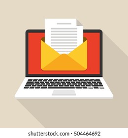 Laptop with envelope and document on screen. E-mail, email marketing, internet advertising concepts. Flat vector illustration.