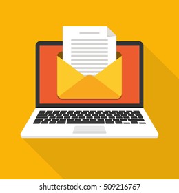 Laptop with envelope and document on screen. E-mail, email marketing, internet advertising concepts. Flat vector illustration.