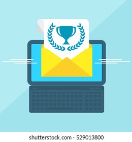 Laptop with envelope and document on screen. message of the victory, winner cup, laurel wreath. Flat vector cartoon illustration. Objects isolated on a white background.