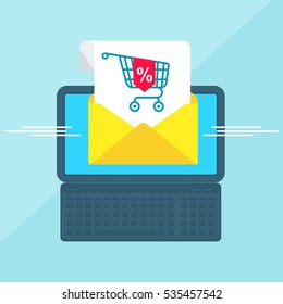 Laptop with envelope and document on screen. Message on sale. Email marketing, internet advertising concepts. Flat vector cartoon illustration. Objects isolated on a white background.
