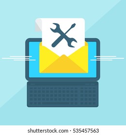 Laptop with envelope and document on screen. Notice of the repair, renovation. Email marketing, internet advertising concepts. Flat vector cartoon illustration. Objects isolated on a white background.