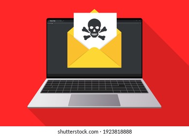 Laptop And Envelope With  Document And Skull Icon. Virus, Malware, Email Fraud, E-mail Spam, Phishing Scam, Hacker Attack