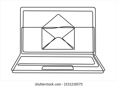 Laptop and envelope e mail list building illustration continuous one line art illustration. Can used for logo, emblem, slide show and banner. 
