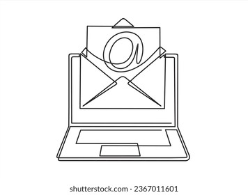 Laptop and envelope e mail list building illustration continuous one line art illustration. Can used for logo, emblem, slide show and banner.