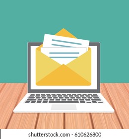Laptop with envelope of email. Notebook, email document. Trendy graphic elements for website, web banners, mobile app. Modern long shadow flat design. Vector illustration