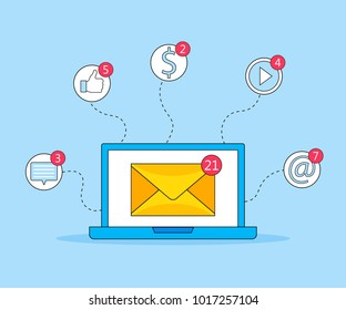 Laptop with envelope and email on screen. New posts. E-marketing, concepts of internet advertising. Flat vector illustration.