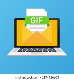 Laptop with envelope and GIF file. Notebook and email with file attachment GIF document. Vector stock illustration.