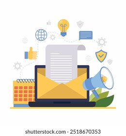 Laptop with envelope and megaphone representing email marketing. Digital marketing tools illustrated with vibrant graphics.