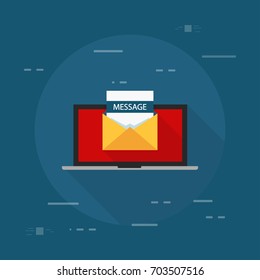 Laptop And Envelope With Message Letter. Email With Message Header, Subject Line. College Acceptance, Admission, Employment, Recruitment Concepts. Modern Flat Design Vector Illustration