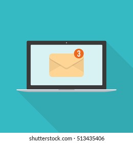 Laptop and envelope. New message or e-mail. Laptop with mail icon isolated on background. Flat icon with long shadow