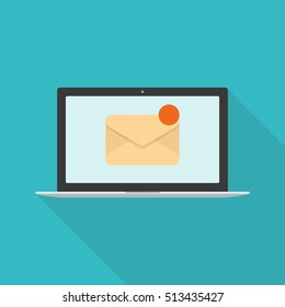 Laptop and envelope. New message or e-mail. Laptop with mail icon isolated on background. Flat icon with long shadow