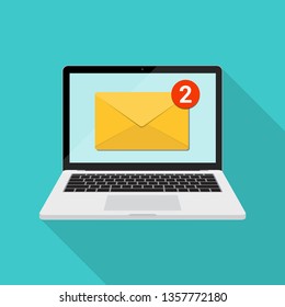 Laptop with envelope and number of notification red badge New email on screen flat icon front view vector design with long shadow, isolated on green background.