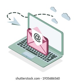 Laptop with envelope on screen. E-mail, email marketing, internet advertising concepts. Modern isometric vector illustration. EPS