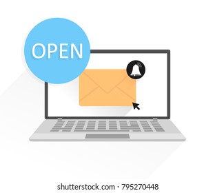 Laptop with envelope on screen. Email marketing, internet advertising concepts. Flat vector illustration.