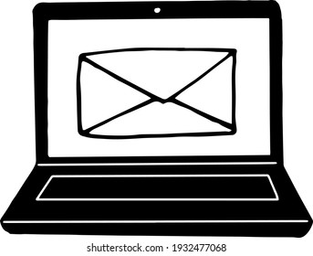 portátil con el sobre en el icono de pantalla. esbozar el estilo de doodle dibujado a mano. vector, minimalismo, monocromo. carta, correspondencia, tecnología, mensaje de comunicación electrónica