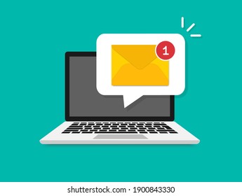 Laptop with envelope on screen. New email on the laptop screen. Email notification concept. Message reminder. Receive notification, alert message, warning, get e-mail, spam concepts. Vector.