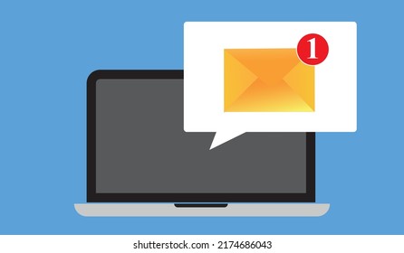 Laptop with envelope on screen. New email on the laptop screen. Email notification concept. Message reminder. Receive notification, alert message, warning, get e-mail, spam concepts