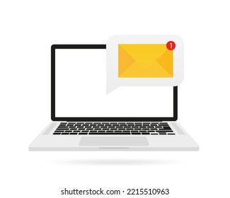 Laptop with an envelope on the screen. New email on laptop screen. Email message concept. Message reminder. Receive notification, receive email, spam concept. Vector illustration