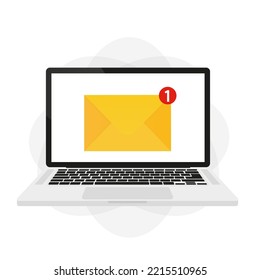 Portátil con un sobre en la pantalla. Nuevo correo electrónico en la pantalla del portátil. Concepto de mensaje de correo electrónico. Recordatorio de mensaje. Recibir notificación, recibir correo electrónico, concepto de spam. Ilustración del vector
