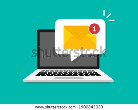 Laptop with envelope on screen. New email on the laptop screen. Email notification concept. Message reminder. Receive notification, alert message, warning, get e-mail, spam concepts. Vector.