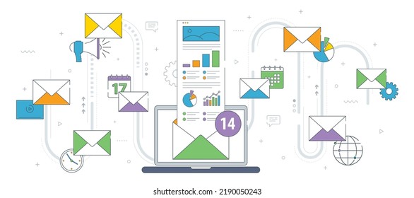 Laptop With Envelope And Open Email Message On Screen And New Email Notification. Subscribe To Newsletter. Vector Icon Set Of Business, Marketing And Communication, Internet Banner Template.