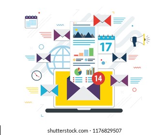 Laptop with envelope and open email on screen. Email marketing, internet advertising concepts. Flat design internet banner or website banner in vector illustration.