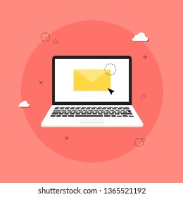 Laptop with envelope and open email on screen. Email marketing, internet advertising concepts. Flat vector illustration.