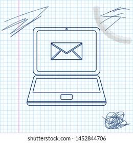 Laptop with envelope and open email on screen line sketch icon isolated on white background. Email marketing, internet advertising concepts. Vector Illustration