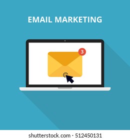 Laptop with envelope and open email on screen. Email marketing, internet advertising concepts. Flat vector illustration.