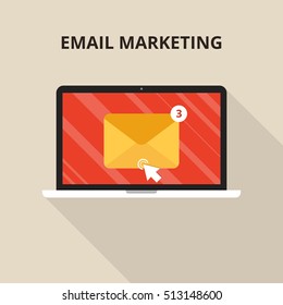 Laptop with envelope and open email on screen. Email marketing, internet advertising concepts. Flat vector illustration.