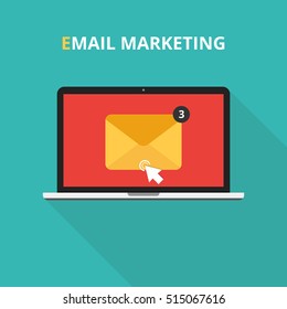 Laptop with envelope and open email on screen. Email marketing, internet advertising concepts. Flat vector illustration.