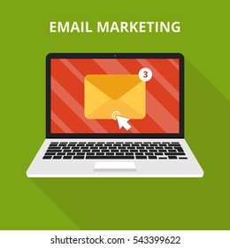 Laptop with envelope and open email on screen. Email marketing, internet advertising concepts. Flat vector illustration.