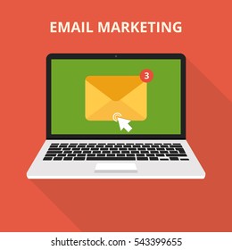 Laptop with envelope and open email on screen. Email marketing, internet advertising concepts. Flat vector illustration.