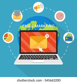 Laptop mit Umschlag und öffnen Sie E-Mail auf dem Bildschirm. E-Mail-Marketing, Internet-Werbekonzepte. Flache Vektorgrafik.