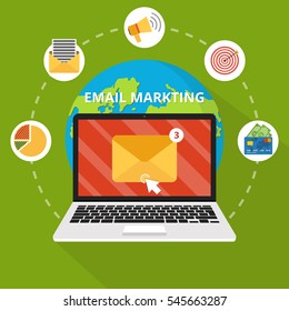 Laptop with envelope and open email on screen. Email marketing, internet advertising concepts. Flat vector illustration.