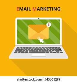 Laptop with envelope and open email on screen. Email marketing, internet advertising concepts. Flat vector illustration.