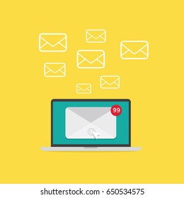 Laptop With Envelope And Open Email On Screen. Full Email Marketing. Vector