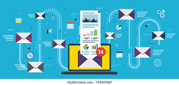 Laptop with envelope and open email on screen. Email marketing, internet advertising concepts. Flat vector illustration.