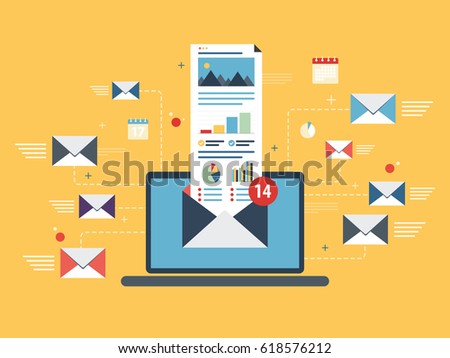Laptop with envelope and open email on screen. Email marketing, internet advertising concepts. Flat vector illustration.