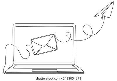 Portátil con dibujo continuo en línea de sobre y plano de papel. Envía el concepto de mensaje. Ilustración vectorial aislada en blanco.