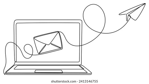Portátil con dibujo continuo en línea de sobre y plano de papel. Envía el concepto de mensaje. Ilustración vectorial aislada en blanco.