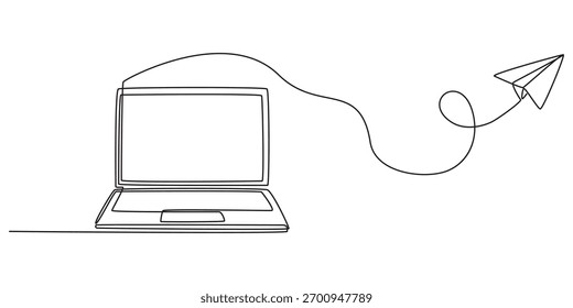Laptop with envelope and paper plane continuous line drawing. Send message concept. Vector illustration isolated on white. Continuous one line drawing of Notebook connected with paper plane. Laptop