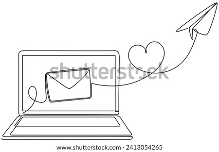 Laptop with envelope and paper plane continuous line drawing. Send message concept. Vector illustration isolated on white.