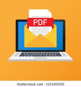 Laptop with envelope and PDF file. Notebook and email with file attachment PDF document. Vector stock illustration.