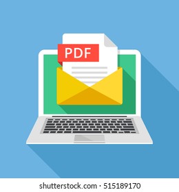 Laptop with envelope and PDF file. Notebook and email with file attachment PDF document. Graphic elements for websites, web banners, mobile app. Modern long shadow flat design. Vector illustration