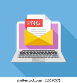 Laptop with envelope and PNG file. Notebook and email with file attachment PNG image. Trendy graphic elements for websites, web banners, mobile app. Modern long shadow flat design. Vector illustration