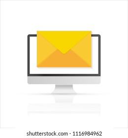 Laptop with envelope and read email on screen. Flying letters on the background. Email marketing, internet advertising concepts. Vector stock illustration