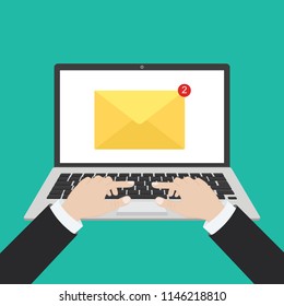Laptop with envelope and read email on screen. Flying letters on the background. Email marketing, internet advertising concepts. Vector illustration.