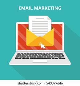 Laptop with envelope and read email on screen. Email marketing, internet advertising concepts. Flat vector illustration.