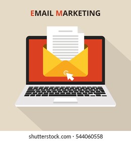 Laptop with envelope and read email on screen. Email marketing, internet advertising concepts. Flat vector illustration.